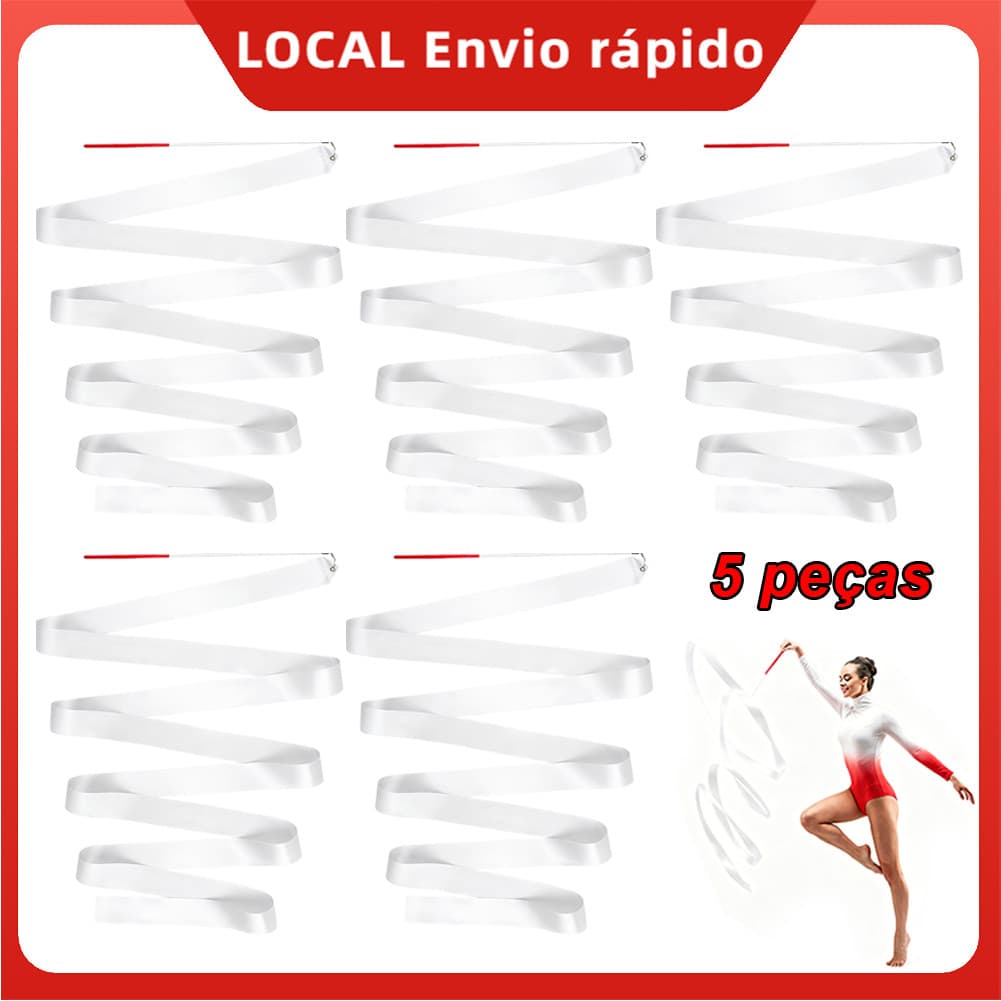 5x Fita de Ginástica Rítmica 4m Branco com estilete – leve, seguro, cabo plástico vermelho, p/ treino diário