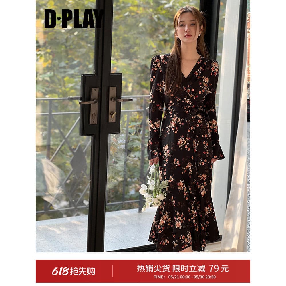 DPLAY Outono Francês Chá Break Saia Vestido Floral Com Decote Em V Vestido De Manga Comprida Saia Estampada Fishtail Sai