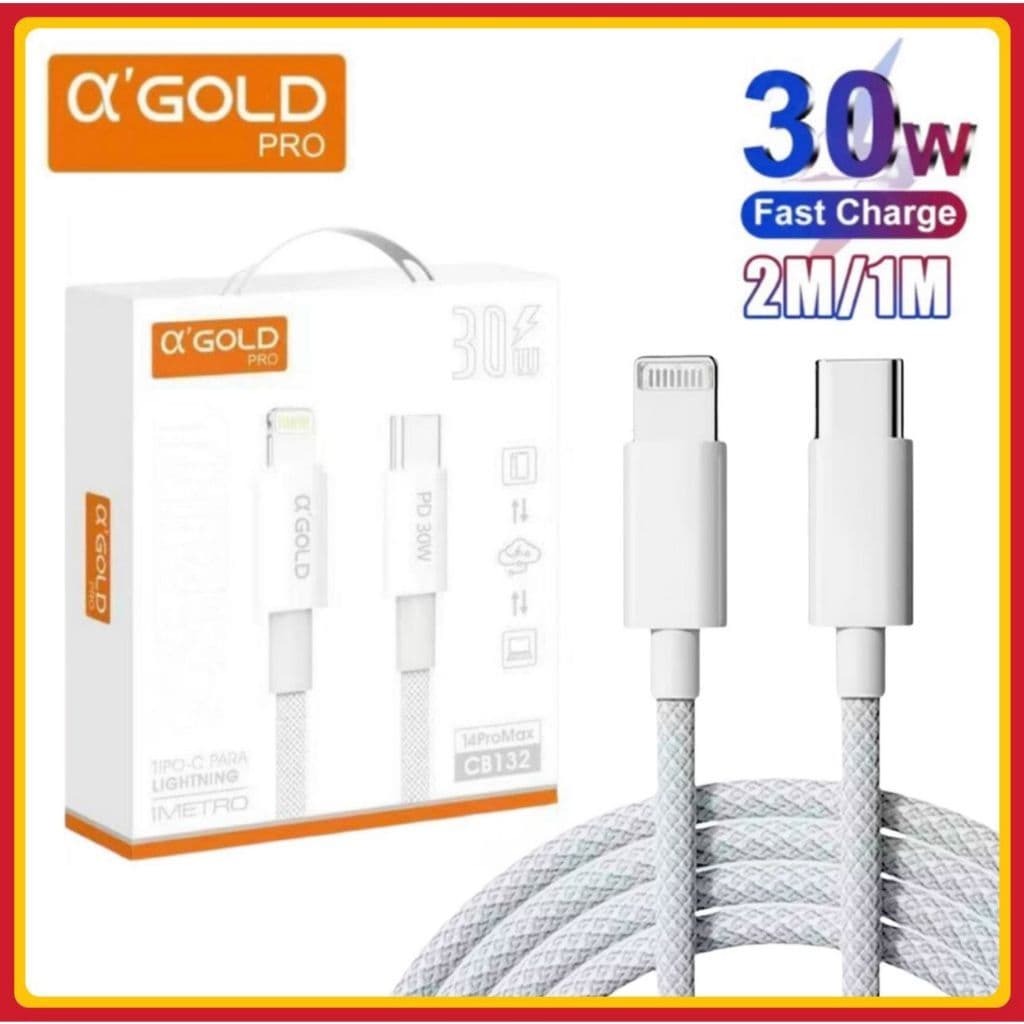Cabo Tipo C Lightning Turbo 30W Cabo PD Para iPhone A’Gold 1 e 2 Metros Carregamento Rápido