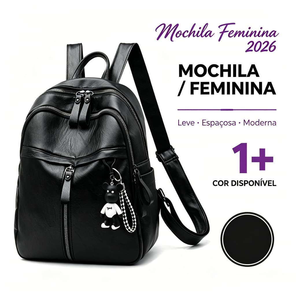Mochila Feminina PU , Grande Com Zíper E Pingente (Preta)