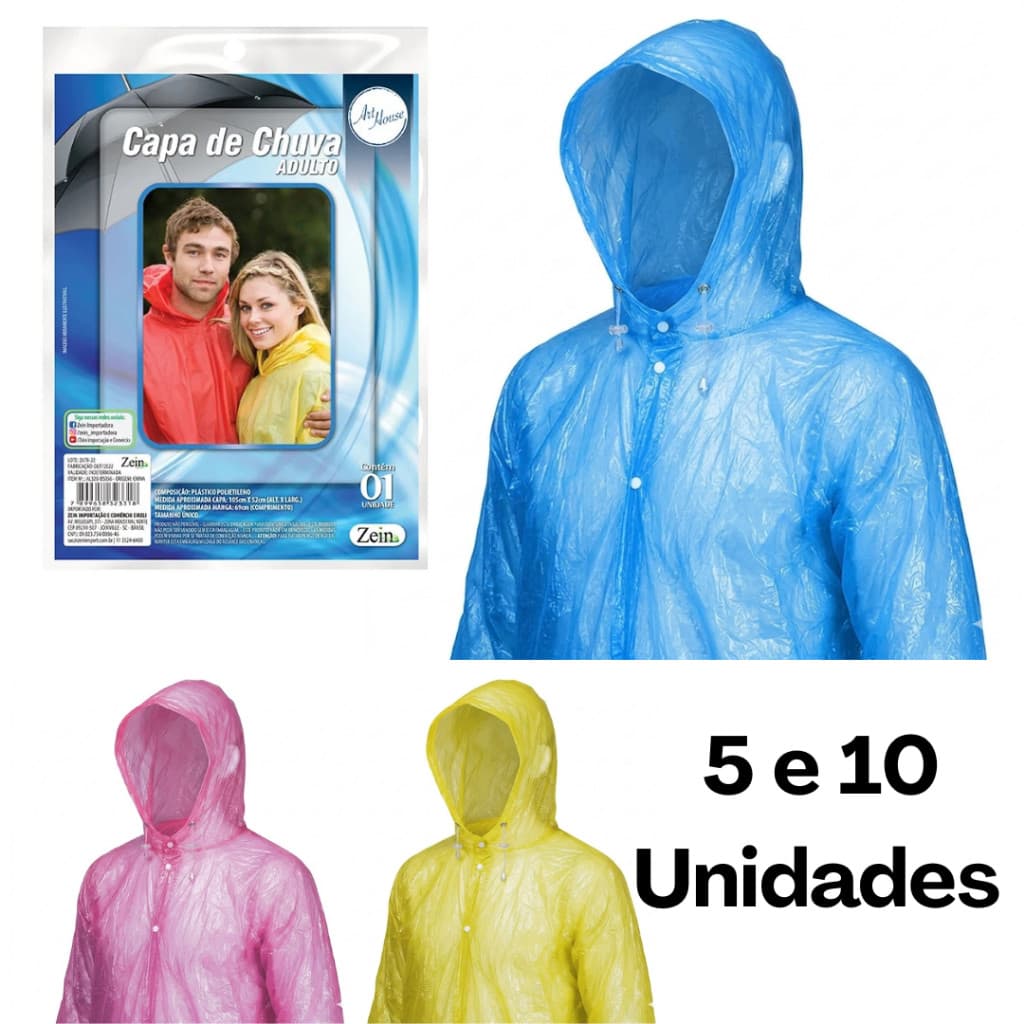 Capa de Chuva Adulto (5 e 10 unidades) Tamanho Único Cores Diversas