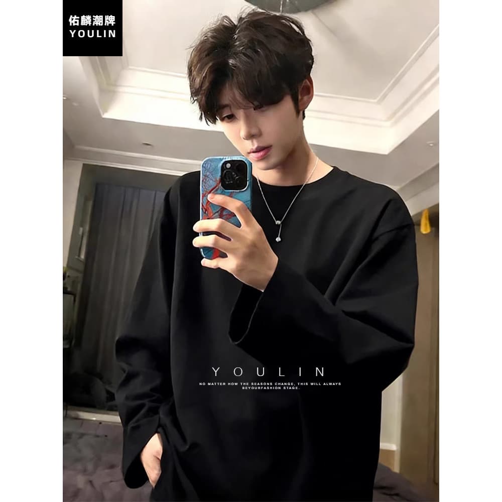 Preto americano pesado de manga comprida camiseta masculina inverno forro de lã engrossado Formal ombro moletom cleanfit