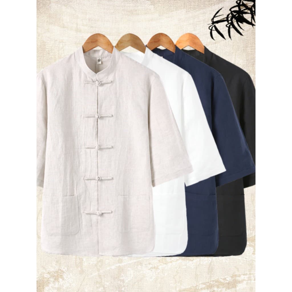 T Tang terno masculino verão fino de manga curta estilo chinês chinês Retro abotoado puro algodão meia manga camisa Hanf