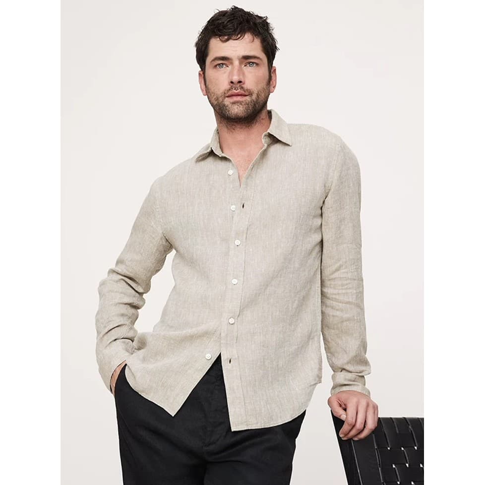 Camisa de linho de algodão estilo dinheiro antigo masculino americano Retro fino ajuste Cardigan de manga comprida fino