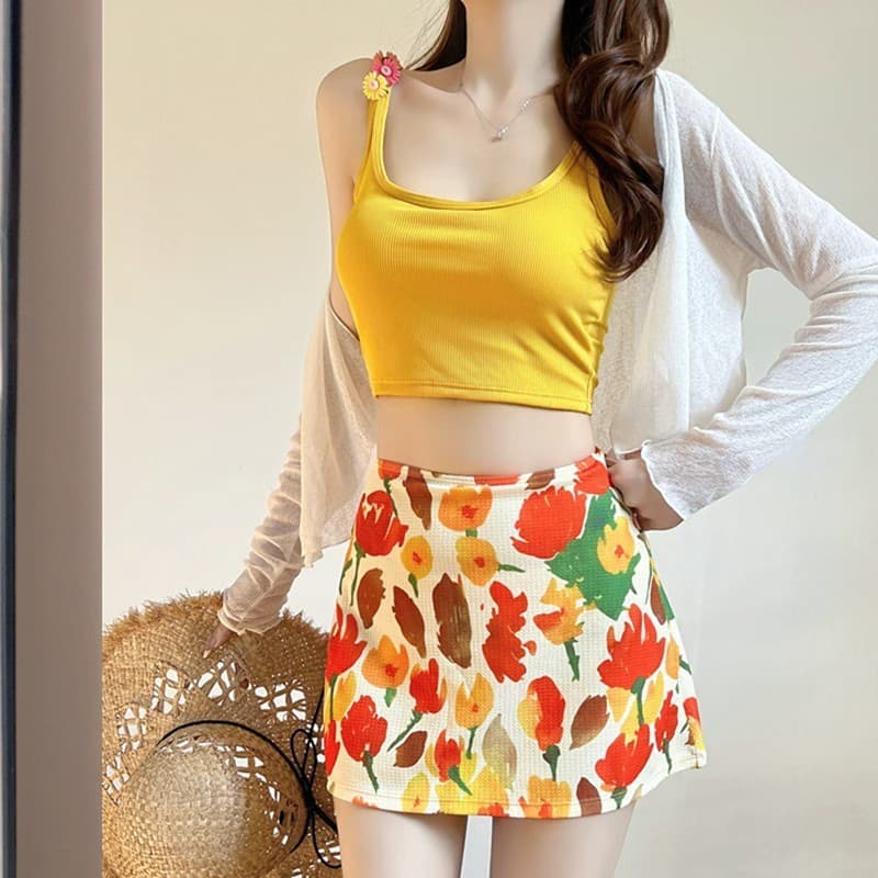 Seaside Wear terno biquíni maiô feminino blusa de manga comprida impresso Split Hip saia dopamina maiô