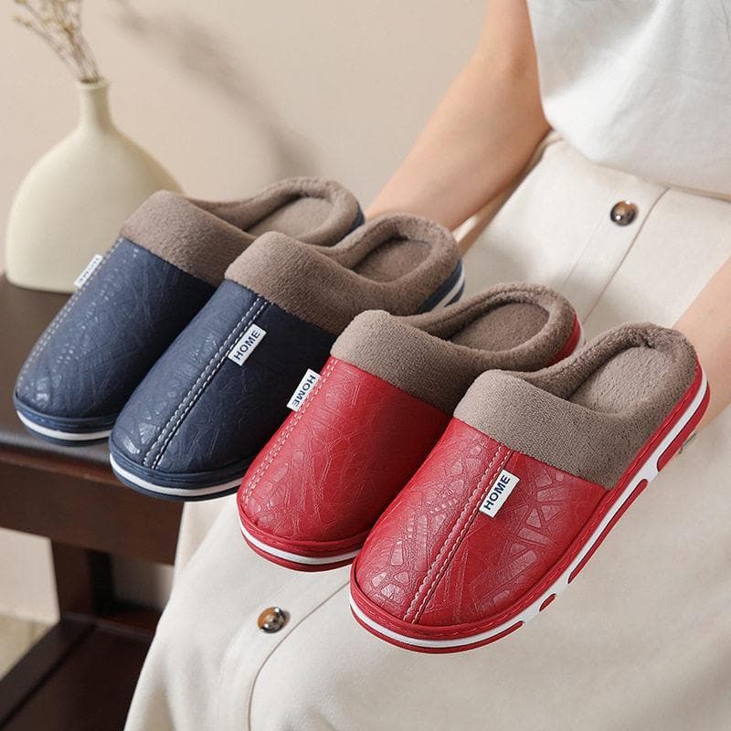 Pu novo estilo de couro masculino outono inverno casa interior chinelos de algodão feminino à prova dwaterproof água inv