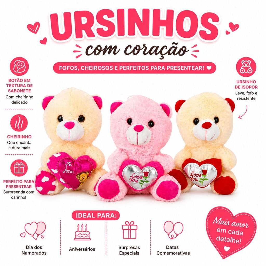 Urso de Pelúcia Peludo Ursinho Macio Coração Te Amo Dia dos Namorados 21 cm Presente Decoração