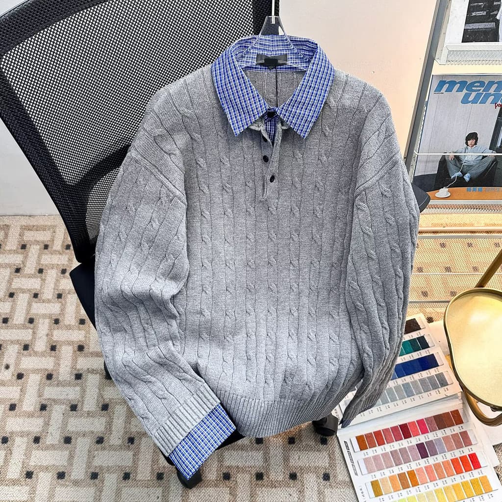 High-End sentir falso de duas peças cinza torção camisola masculina primavera outono solto xadrez lapela estilo miu malh