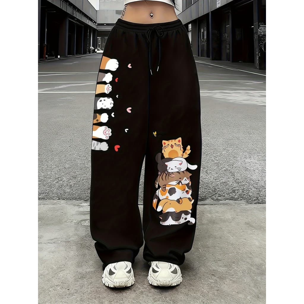 Calça Feminina Perrna Larga Wide Leg Gatinhos Estampada Fofa Feminina Calça Baggy Moletom LEVE