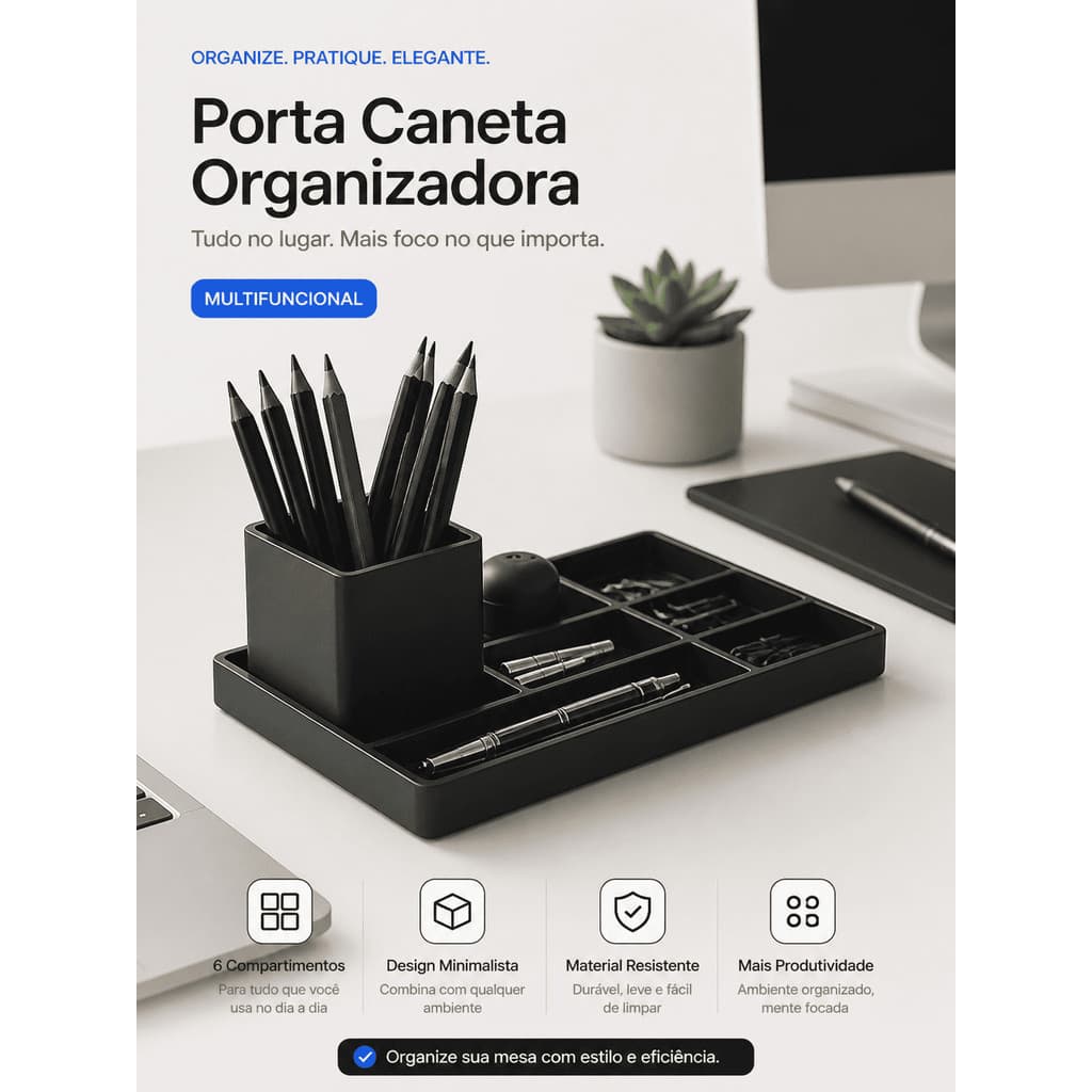 Organizador Mesa Multifuncional Porta Caneta Lápis Chaves Controle Home Office Preto Branco Office