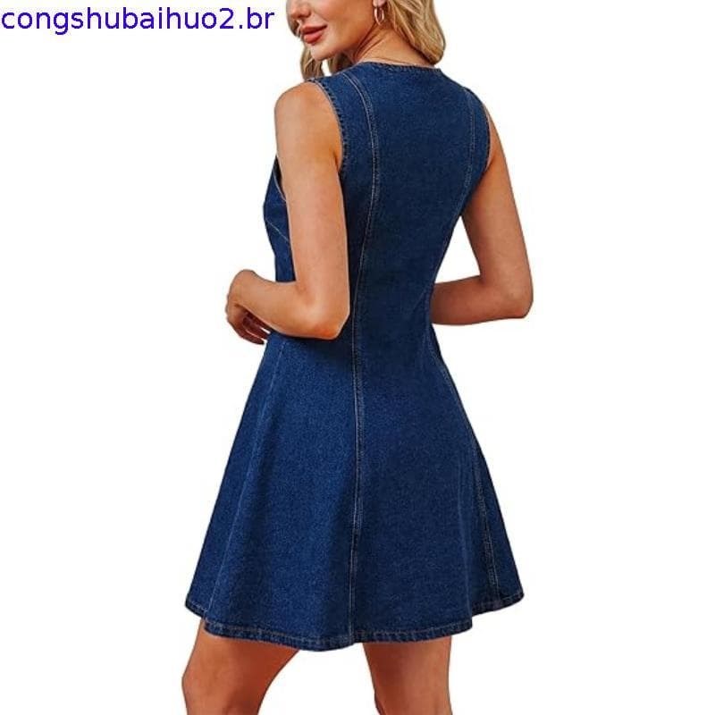 Bolso botão medição novo estilo roupas femininas 2026 europeu americano lavado sem mangas vestido jeans dois ajuste fino