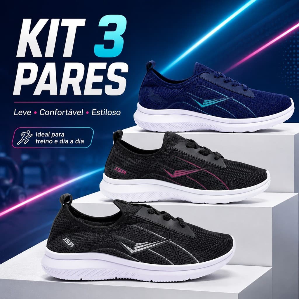 Kit 3 Tênis Feminino Ortopedico Calce Facil Ortopedico Leve Macio Promoção