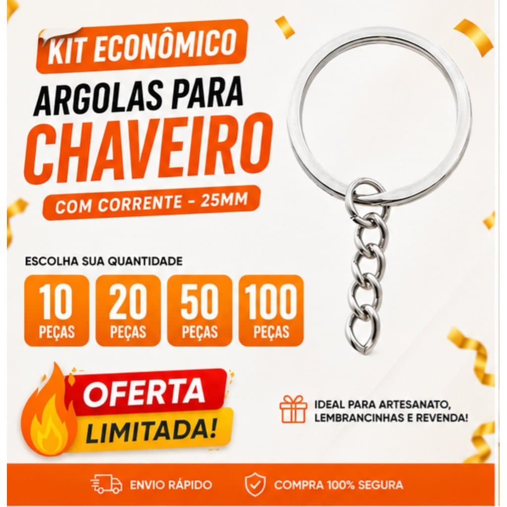Kit 10 20 50 100 Argolas Para Chaveiro 25mm Com Corrente Prata e Dourado |Metal Resistente Para Artesanato Lembrancinhas