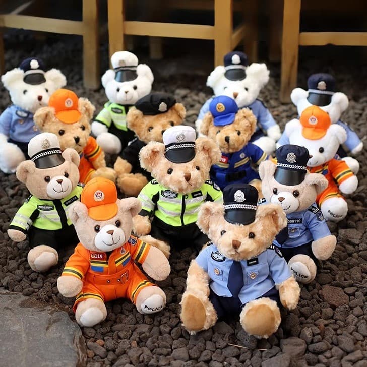 Tráfego polícia urso boneca polícia fogo urso brinquedo de pelúcia ferro cavalaria ciclismo camisa urso de pelúcia bonec