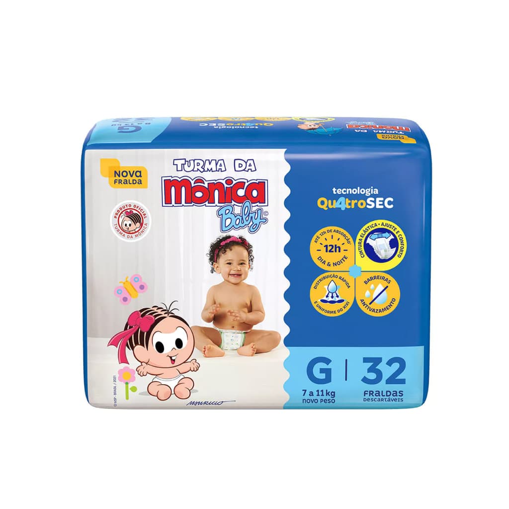 Fralda Turma da Mônica Econômica | Tamanho G | 32 Unidades | Alta Absorção, Antivazamento