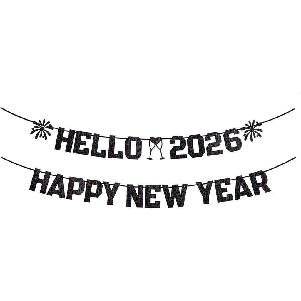Faixa Feliz 2026, Faixa Preta com Glitter "Olá 2026" com Lareira para Decorações de Ano Novo 2026, Suprimentos para Fest