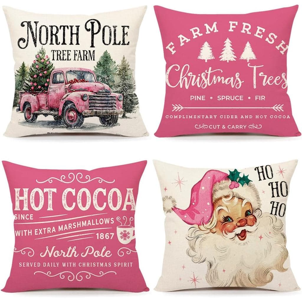 4TH Emotion Capas de Almofada de Natal Rosa 18x18, Conjunto de 4, Decorações de Natal Estilo Fazenda, Capa de Almofada D