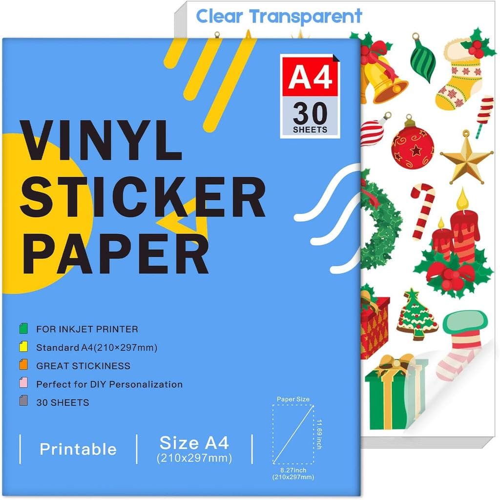 Papel Adesivo Transparente Premium para Impressoras a Jato de Tinta, 30 Folhas de Papel Transparente em Tamanho A4 (297x