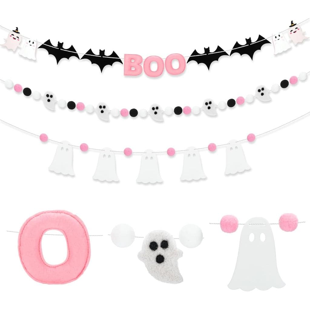 VitalCozy 3 Peças de Guirlanda de Fantasmas de Halloween, 3 metros, Faixa de Feltro Rosa com Bolas de Pom Pom, Decoraçõe
