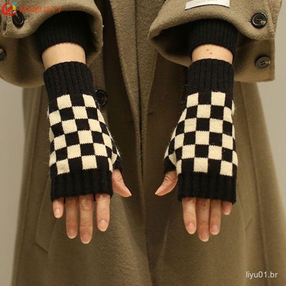 MXMUSTY Luvas Femininas Esportes Ao Ar Livre Houndstooth Xadrez Listra Adulto Estudante Meio Dedos