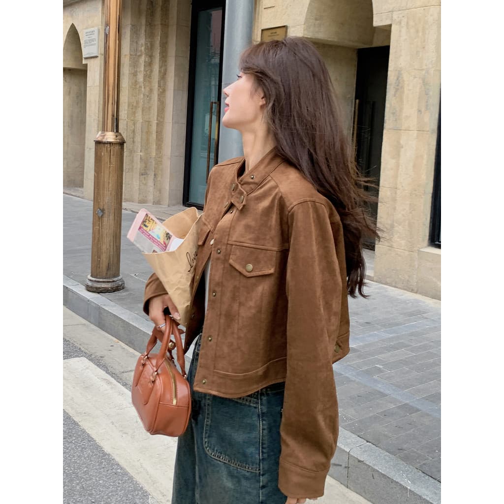 Merad jaqueta feminina primavera outono 2026 novo estilo mais magro olhar curto Design camurça jaqueta de carga Casual t