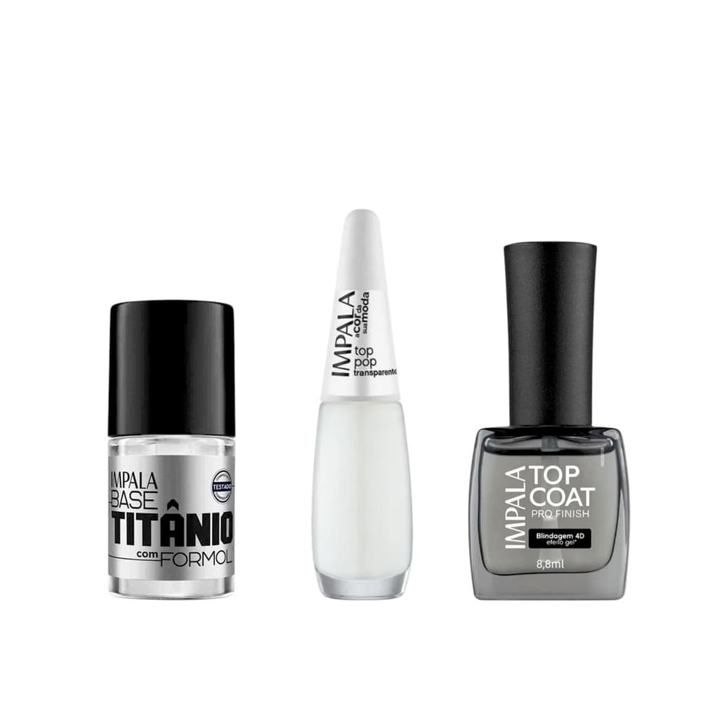 Kit  Base Titânio + Esmalte Top Pop +Top Coat Blindagem Efeito Gel Impala