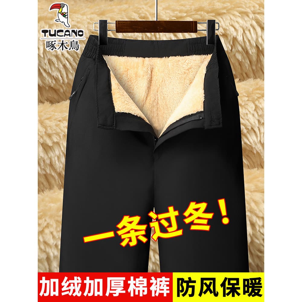 Woodpecker meia-idade idosos inverno forro de lã exterior usar calças de algodão masculino cintura alta calças quentes p