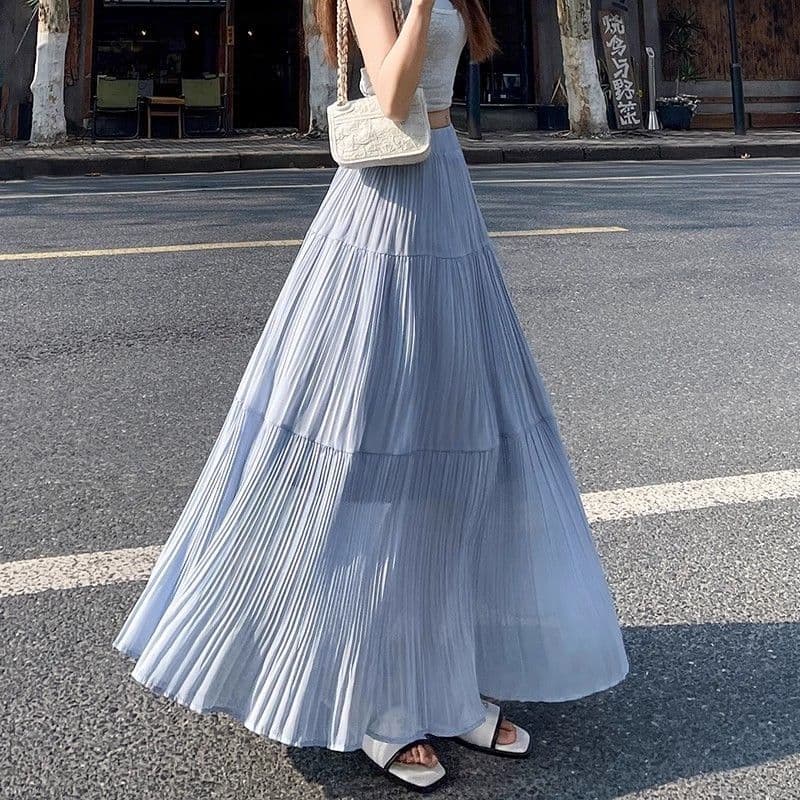 Saia grande verão novo estilo suave cintura alta roxo saia plissada feminina saia grande Design Chiffon saia longa