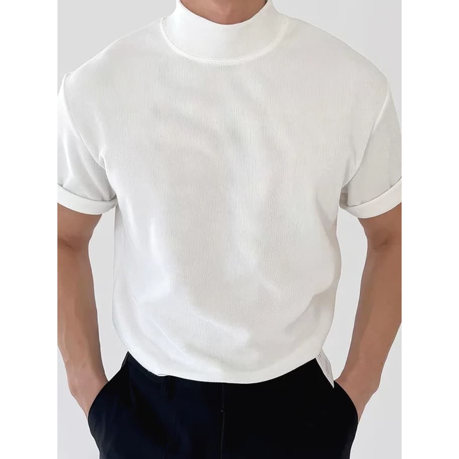 Camiseta masculina meia gola alta seda gelo Modal solta manga curta camisa de fundo meados de pescoço Casual meio-