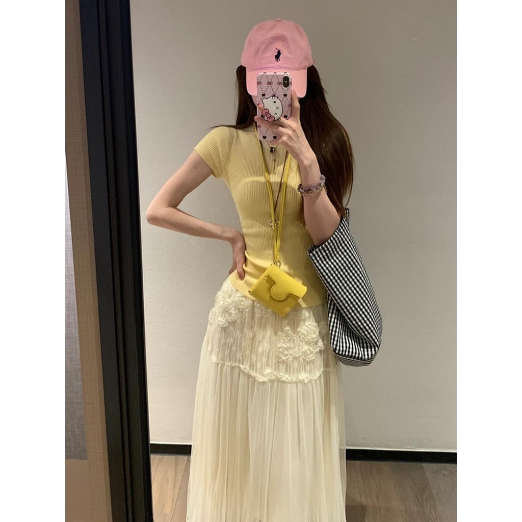 Nicho maduro leve não-colisão Super bonito estilo suave francês amarelo topo meio comprimento saia longa dois-