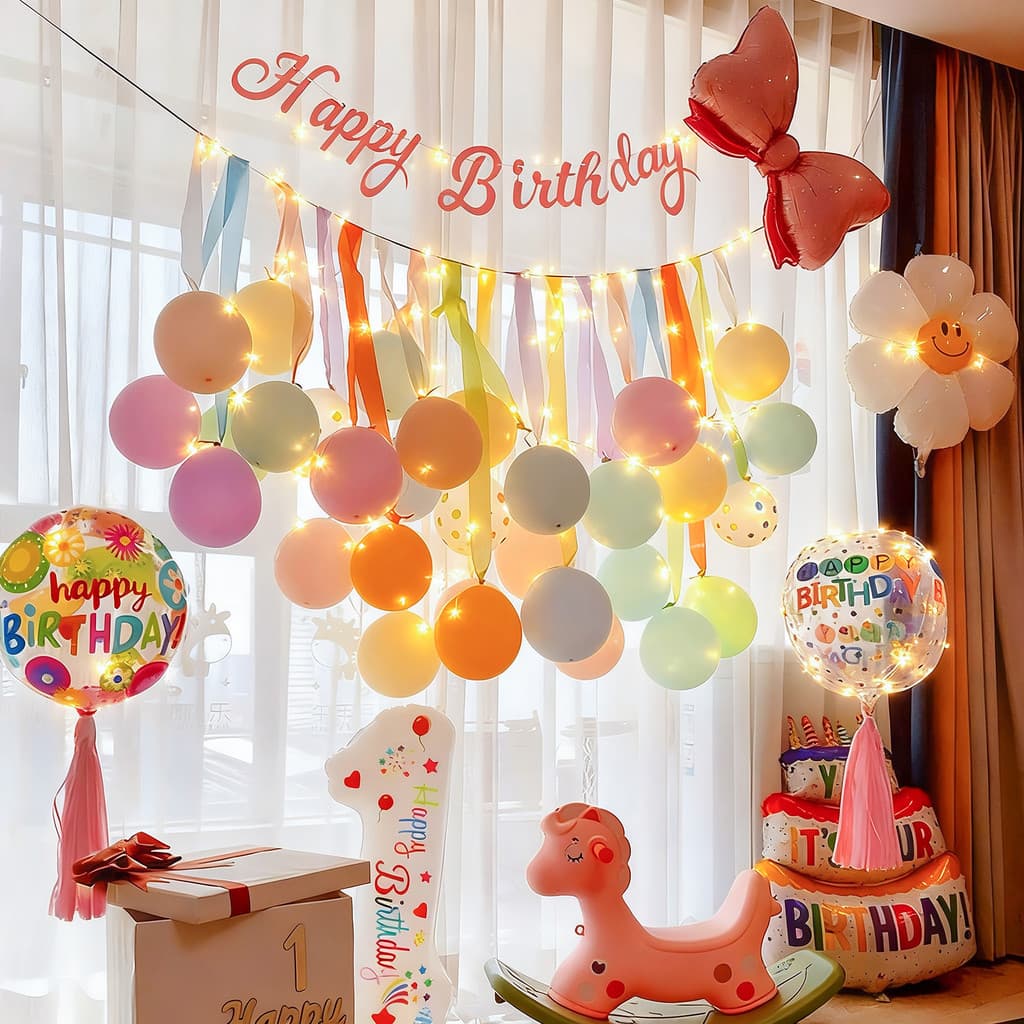 Crianças bebê feliz aniversário cerimônia sentido meninos meninas balão atmosfera fundo decoração da parede cena Layout