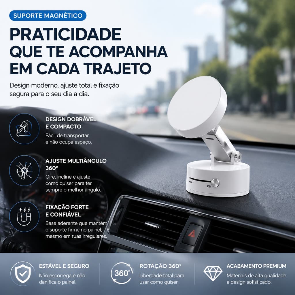 Suporte Veicular Magnético Dobrável 360° Ímã Forte Adsorção Vácuo Dupla Face Celular Prático Anti-Queda Durável