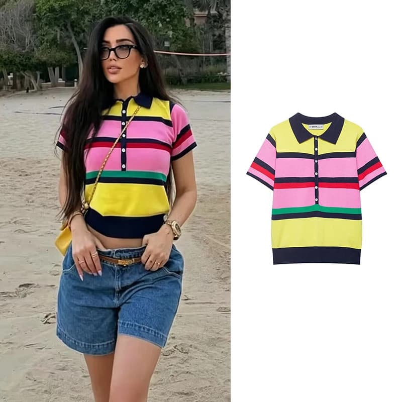 Novas Blusas Femininas de Verão 2026, Elegantes e Listradas, Blusa de Malha com Gola Polo, Estilo Chic para Viagens de V