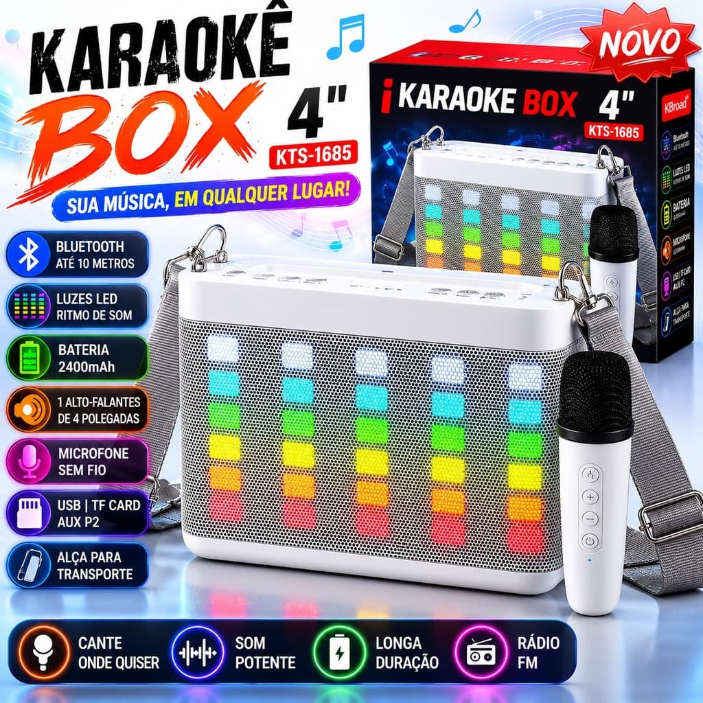 Caixa de Som Bluetooth Portátil Potente c/Microfone LED TWS FM para Festa Viagem Praia Preto/Branco