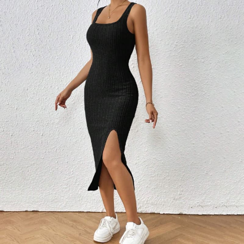 Nádegas vestido de cintura estreita estilo europeu americano primavera verão sem mangas colete saia longa de malha