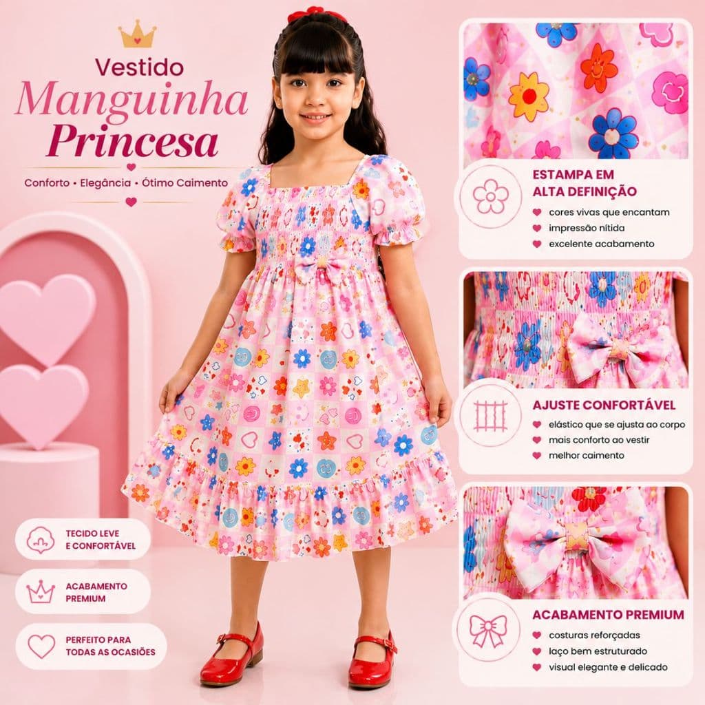 Vestindo Infantil Menina Manguinha Princesa