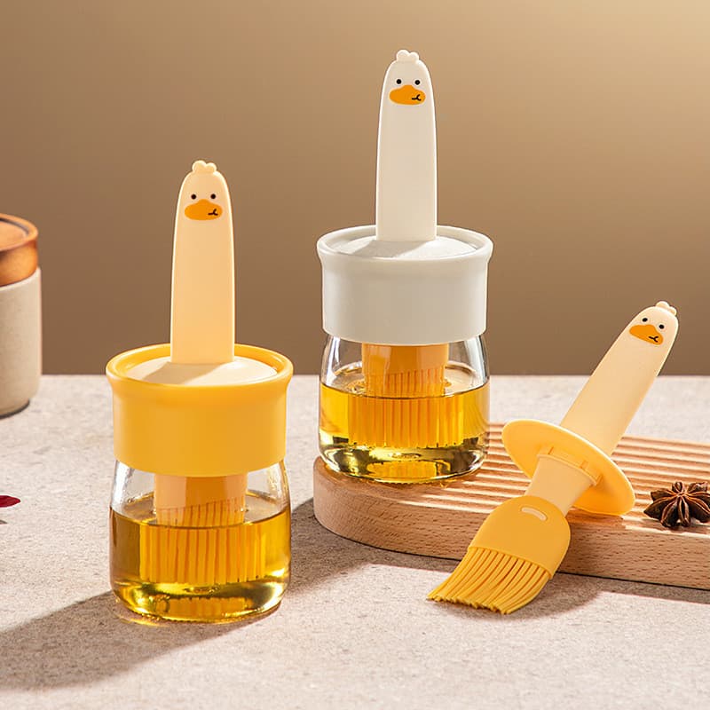 Pincel e Pote de Óleo Patinho Amarelo, Silicone e Vidro, para Churrasco ao Ar Livre, Camping, Cozinha Doméstica, Pote de