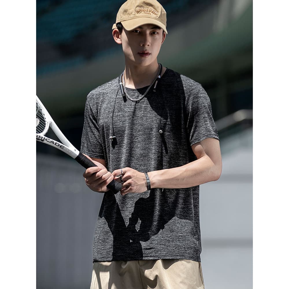 Esportes ao ar livre de manga curta camiseta masculina verão seda gelo secagem rápida em torno do pescoço topo solto Plu