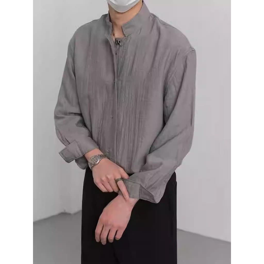 Primavera outono Street Wear High-End novo chinês solto de manga comprida gola alta camisa masculina topo na moda Casual