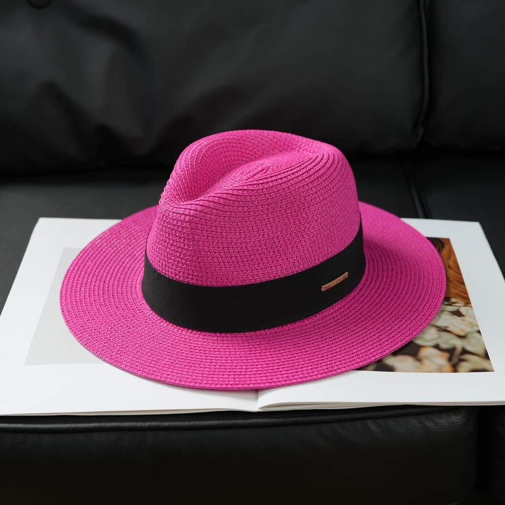 Moda Paris mostrar rosa vermelho Premium panamá chapéu de palha feminino verão pára-sol Anti-ultravioleta férias chapéu