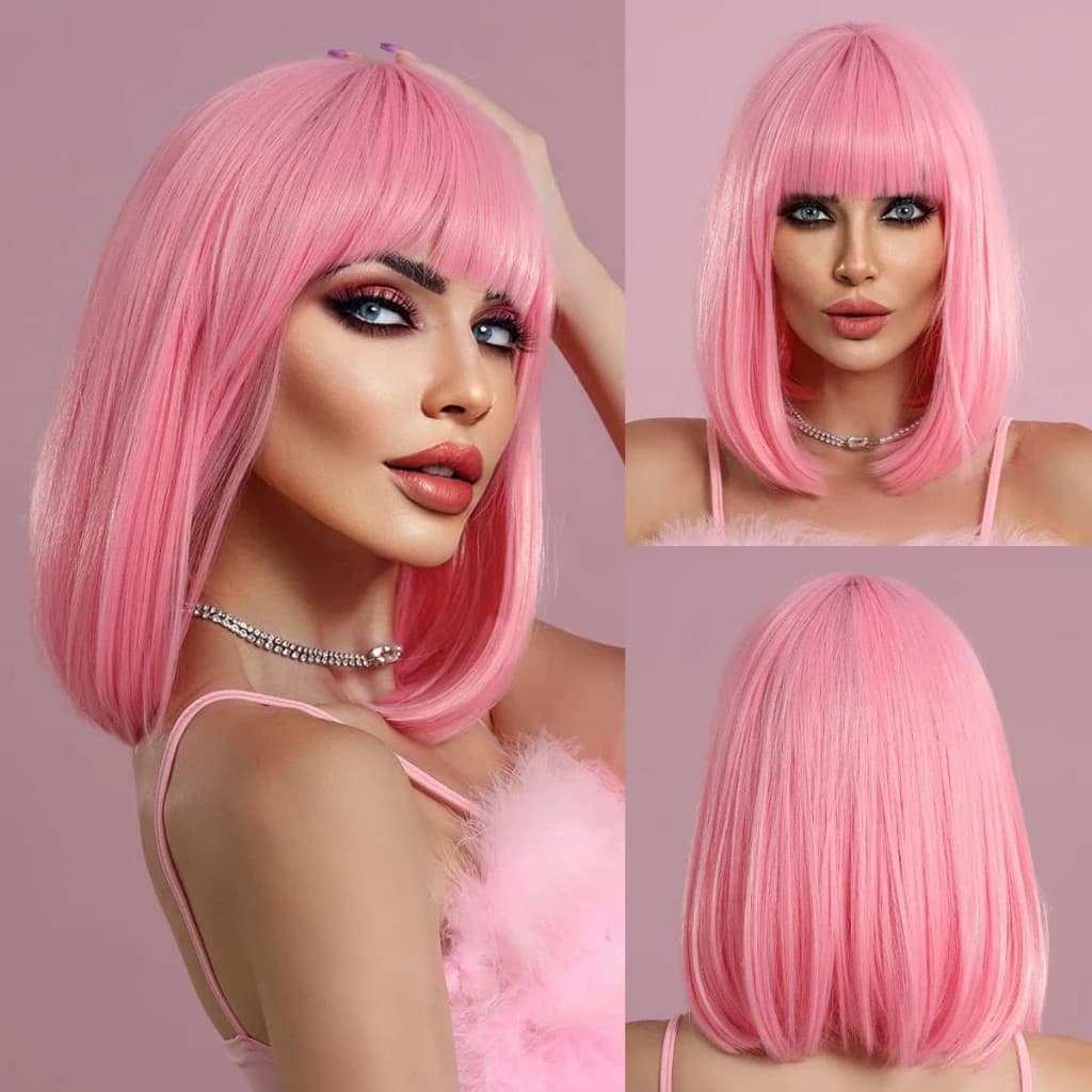 TOP HAIR MAYA-90C Peruca Bob Rosa Pink com Franja 30cm Fibra Premium Cor Vibrante Cosplay Anime Festa Pronta Entrega