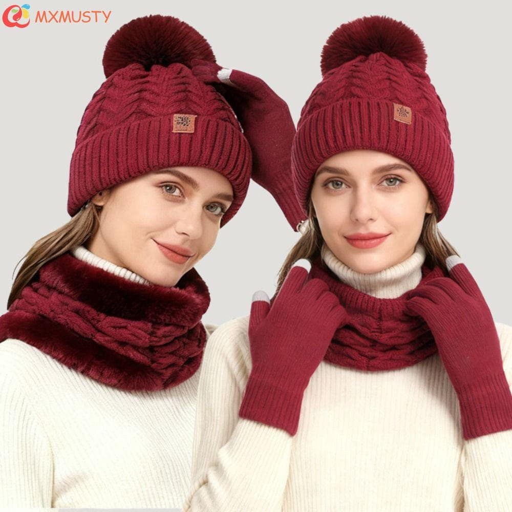 MXMUSTYZA Conjunto De Luvas E Cachecol Feminino , Gorros Pompom Espessos De Cor Sólida , Térmicas De Malha De Inverno