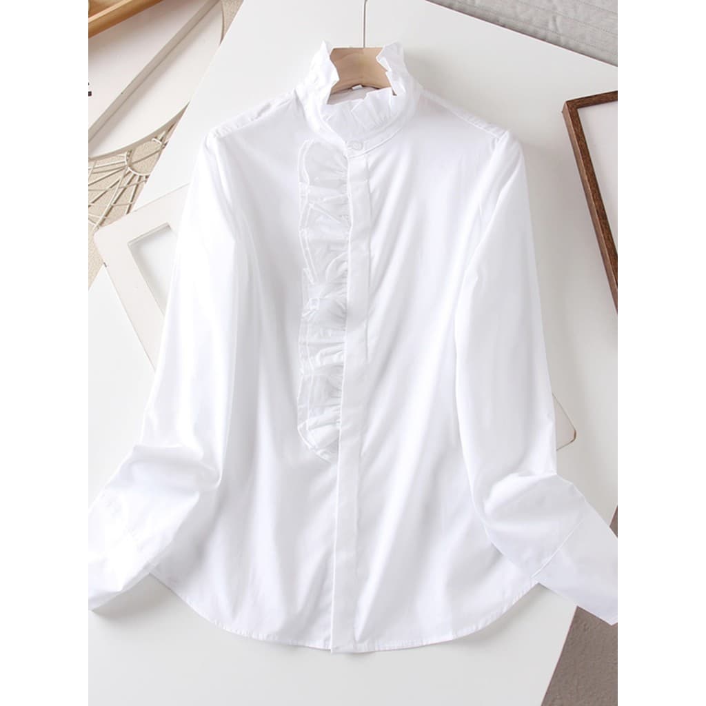 2025 novo produto estilo tribunal francês babados gola alta manga longa chique mais magro olhar camisa de algodão blusa