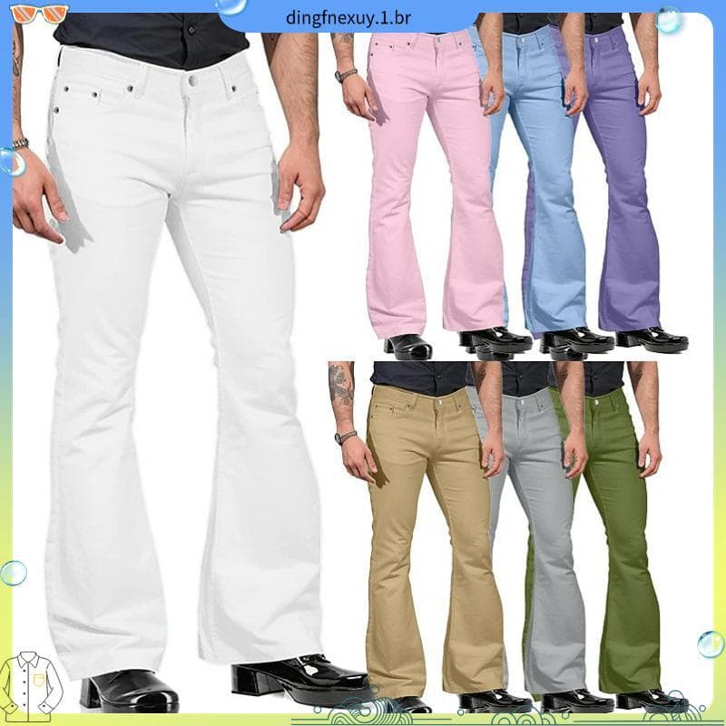Calça Flare Masculina Estilo Retrô 60s 70s Discoteca Club Calça Longa Cor Lisa Plus Size