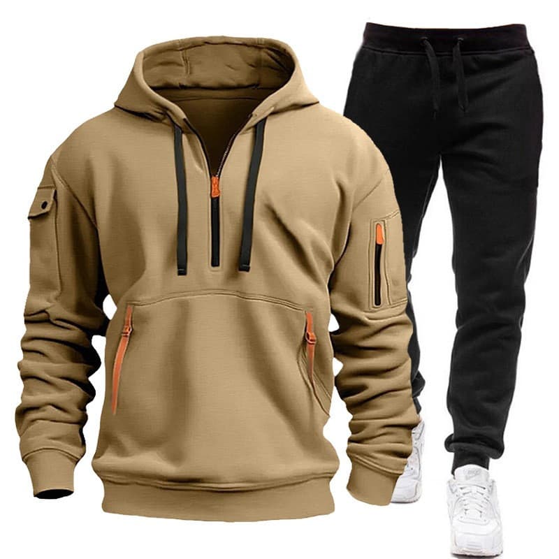 Novo Estilo Masculino Outono Inverno Terno Multi-Bolso Zíper Forrado De Lã Jaqueta Com Capuz + Moletom Conjunto De 2 Peç