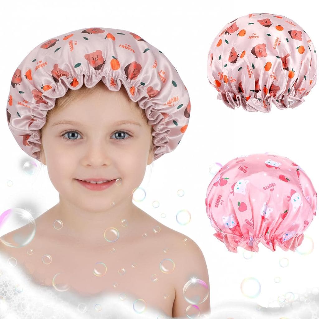 2PCS Shower Caps for Kids, Polyester Double Layers Bath Hat Cute Cartoon Animal Bath Hair Cap 10in Elastic Band Shower C