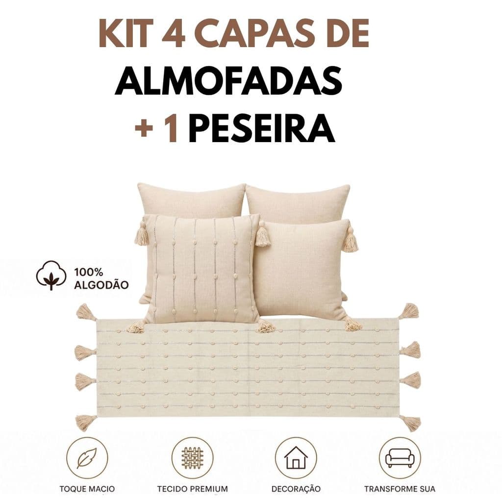 Kit Peseira Cama Casal + 4 Almofadas Lona Panamá Fio Prata  Decoração Interna Externa Cama Sala Quarto Sofá