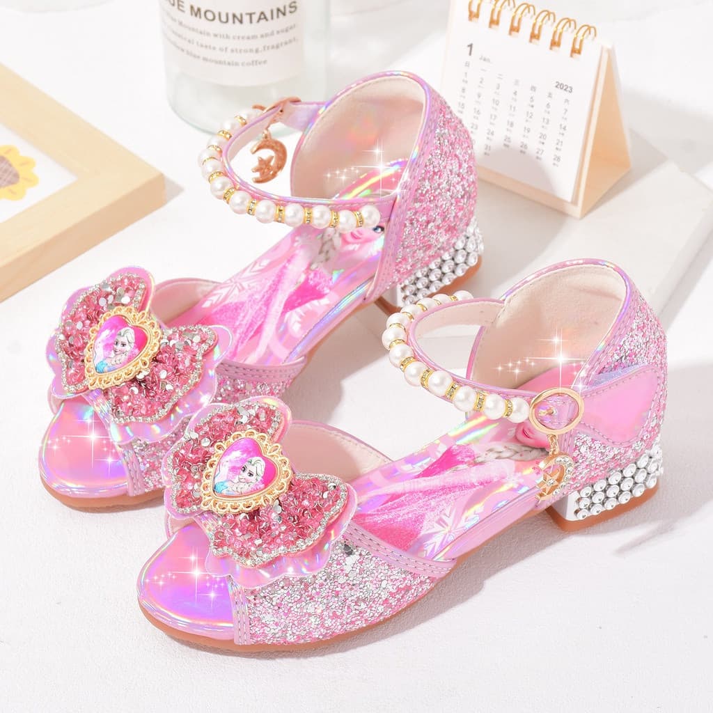Novas Sandálias de Verão 2024 para Meninas, Frozen 2, Elsa, Princesa, Salto Alto de Cristal, Sapatos de Passarela Infant