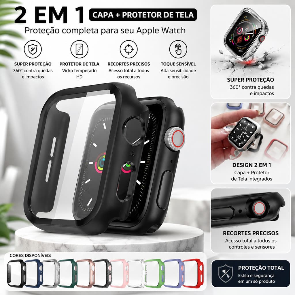 Capa Apple Watch Acrílica com Vidro38mm 40mm 41mm 42mm 44mm 45mm 46mm 49mm Compatível Série 2–11 SE Ultra|Proteção Total