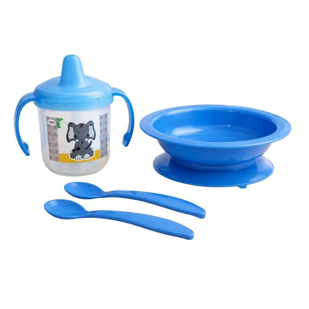 Kit Alimentação Infantil Safari Prato Ventosa Copo Bebê + 2 Talheres Azul ou Rosa